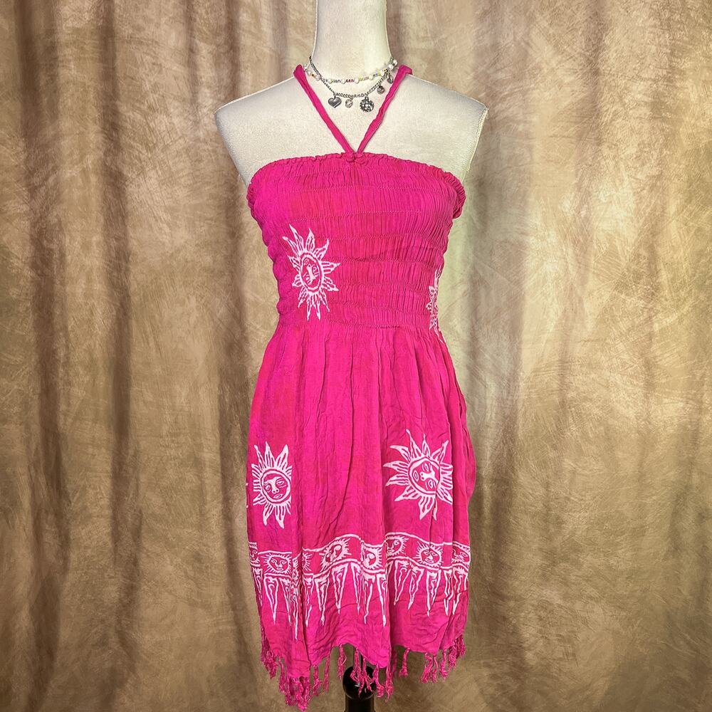 Y2K Halter Dress Pink Sunshine Boho Mini Smocked Fringe Hem Summer Vacation